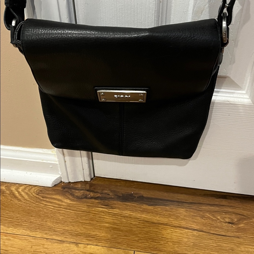 DKNY Black Leather Crossbody Bag with Silver Accents